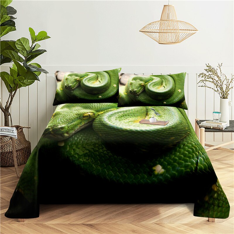 Groene Slang 0.9/1.2/1.5/1.8/2.0M Digital Printing Polyester Bed Vlakke Plaat Met Kussensloop afdrukken Beddengoed Set