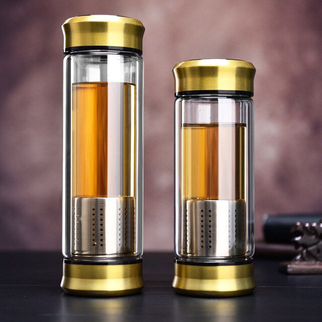 Bouteille d'eau en verre de 400ML | Bouteille avec filtre à infuseur de thé, Double mur verre de thé, tasse de jus de café coupe d'affaires, gobelet en eau de Sport: 400ml / Gold