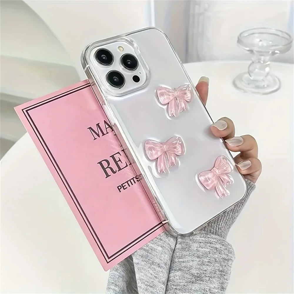 Bonita funda de teléfono con lazo rosa 3D para iPhone 16 Pro Max 15 14 13 12 11 Pro 7 8 Plus X XS XR SE2, carcasa epoxi para chica, funda suave transparente
