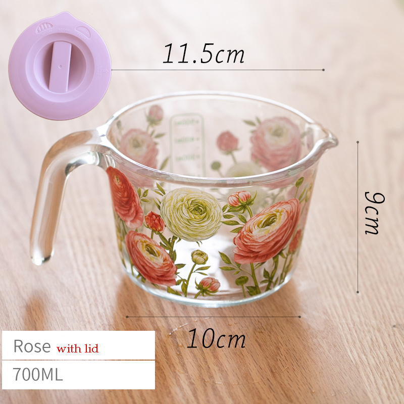 retro Blume Messbecher mit Deckel Glas Milch Saft Tasse mit Skala Messgläser Haushalt Küche Spielereien Backen Kochen Werkzeug: Elfenbein