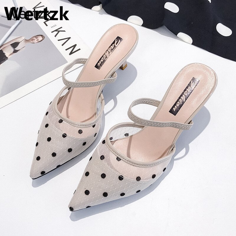 Sandalias de lunares nuevos para mujer, zapatos de tacón alto con puntera puntiaguda, de encaje, Estilo Vintage geométrico, E485,