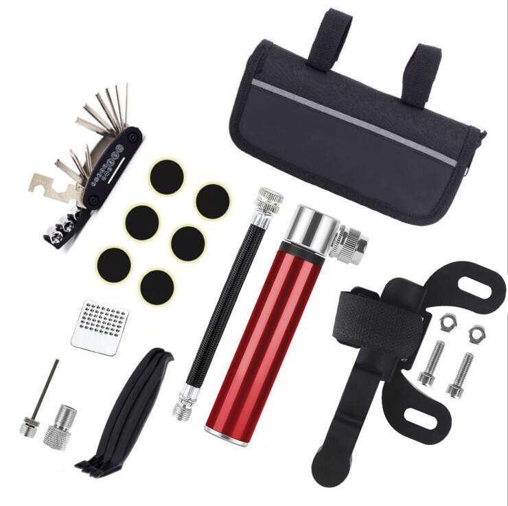 Bicycle repair kit, tire repair tool set, car repair kit, mountain bike repair kit mountain bike bike chain tool: Red classic suit sev