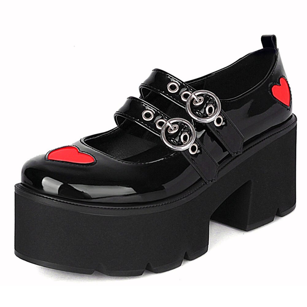 Chaussures gothiques à bout rond pour femmes, chaussures de , de Style gothique, noir, rouge, avec boucles en forme de cœur, talons épais, à la , nouvelle ,: 9.5