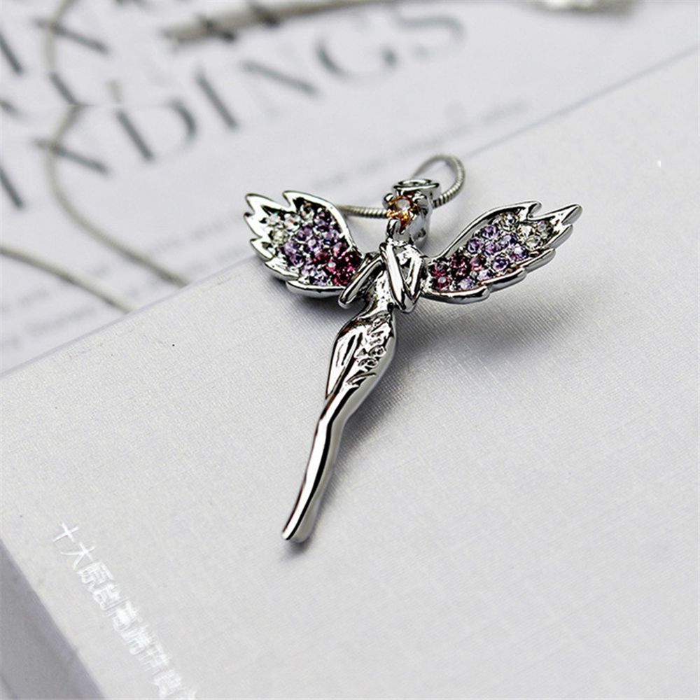 1pc Gold Sliver Crystal Zircon Rhinestone Angel Wings Sweater Chain Pendants Necklaces For Women Angle Girl