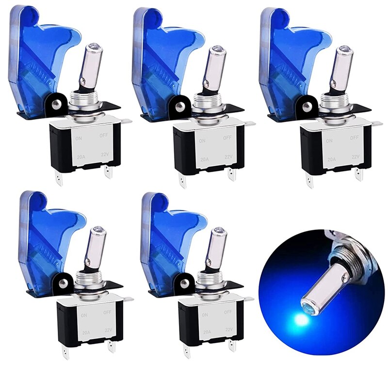 Toggle Switch,5 Pack 3Pin 12V 20A Lighted Heavy Duty Waterproof Toggle Witch with Cover,SPST ON/Off Blue LED Switch