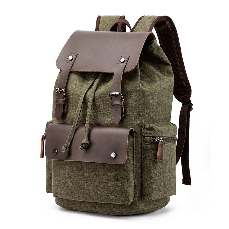 Canvas-rucksack für herren, großes fassungsvermögen, geeignet für laptops bis 17 zoll, kordelzug, lederhülle, reiserucksack, schulrucksack: Armeegrün