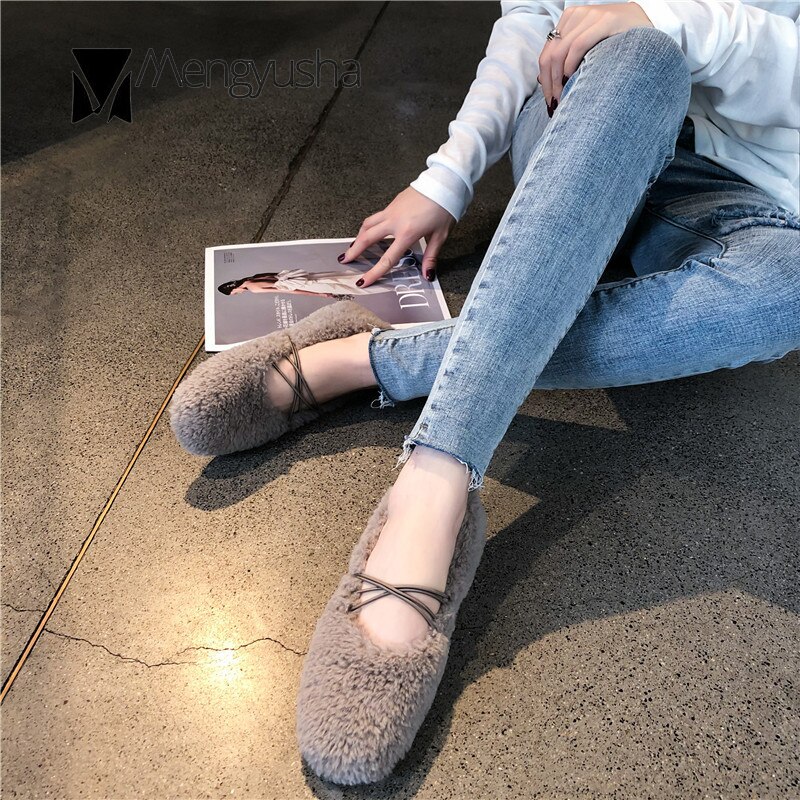 Lambswool furry ballerina ballet shoes women solid color loafers round toe moccasins cross elastic band flats curly fur shoes