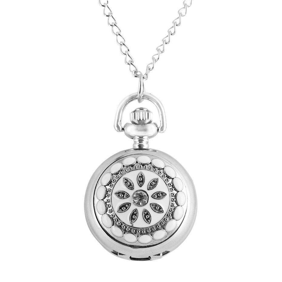 Silver Flower Quartz Pocket Watch Necklace Pendant Women Lady P205