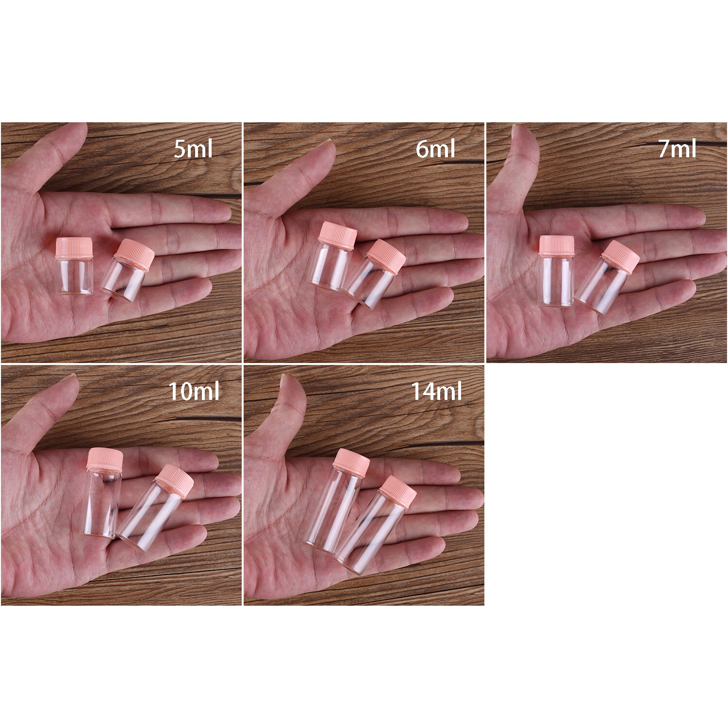 Frascos de vidrio con tapas de plástico rosa para especias, CON POCIÓN frascos de vidrio, 10 Uds. De diámetro de 22mm, 5ml/6ml/7ml/10ml/14ml