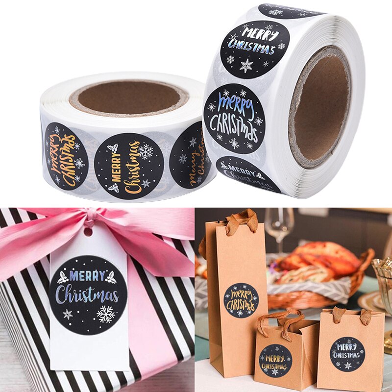 Merry Christmas Round Golden Plated Stickers Candy Box Homemade Cookies Bag Sealing Decoration