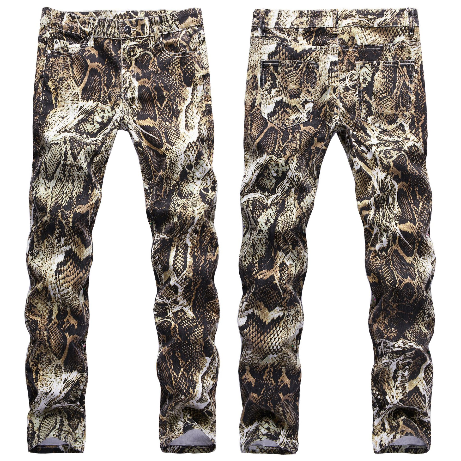 Modne jeansy męskie wężbyć winnym graficzne Jean mężczyźni biodro-chmiel drukowane wzór wężowy nocny piosenkarka wydajność Jean zgrywanie Jean dla mężczyzn