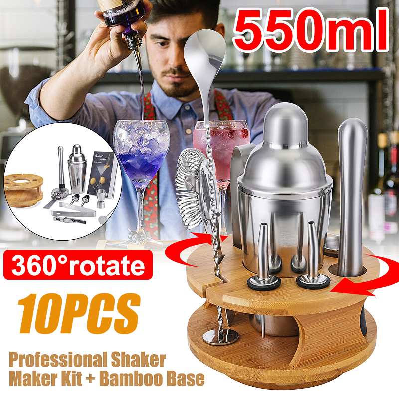 10x Mojito Cocktail Bar Shaker Mixer Maker Muddler Barware Set Stainless Steel Bar Sets Bartender Tools with Bamboo Stand