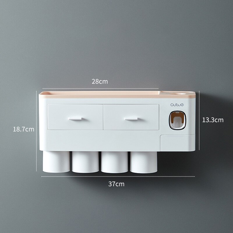 Toothbrush Holder Wall Mount Magnetic Adsorption Inverted Toothpaste Dispenser Makeup Storage Rack For Bathroom Accessories Set: Pink 4 Cups