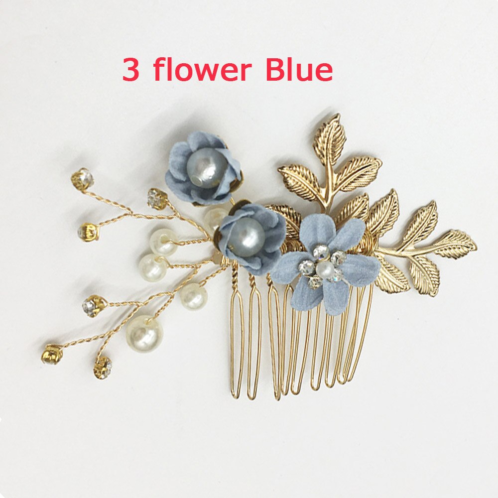 Carddoor biżuteria grzebienie do włosów niebieski czerwony różowy kwiat złote liście szpilki do włosów stroik Prom ślubne akcesoria do włosów: blue 3 flower