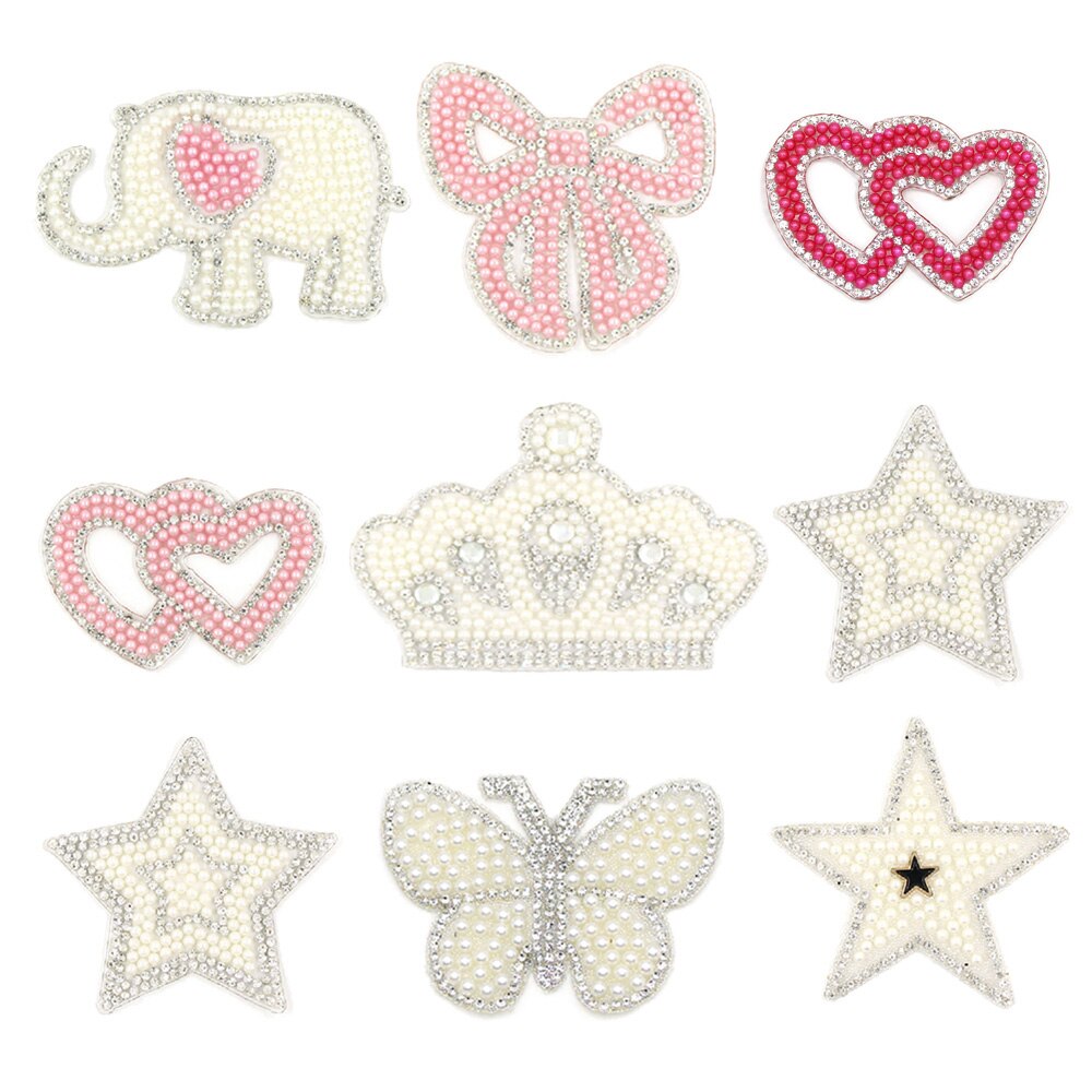 1 Stuks Patches Olifant/Crown/Vlinder/Hart/Star Pearl Rhinestone Patches Applique Ijzer Op Sticker Voor kleren Diy Strepen