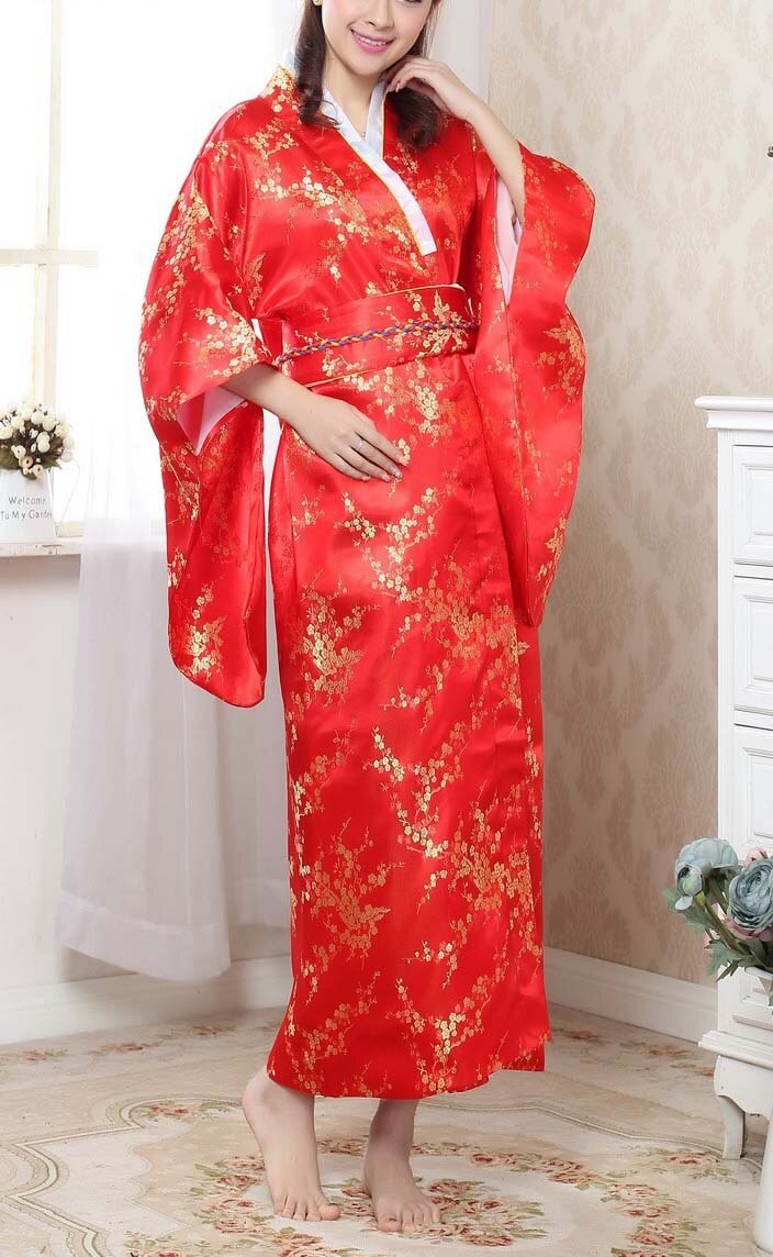 Svart rød tradisjonell yukata japansk kvinners silke kimono med obi årgang forestilling dansekjole en størrelse  wk009: Rød