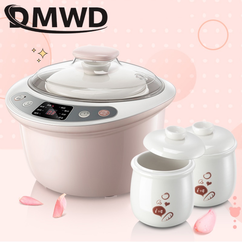 DMWD Intelligent Slow Cookers Electric timing Food Steamer 3 Liner 1.8L Ceramic multifunctional Water Stewing soup Porridge pots