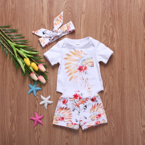 3pcs Newborn Baby Boy Girls Clothes Gypsy Feathers Print Romper+Shorts Pants Headband Baby Outfits Set