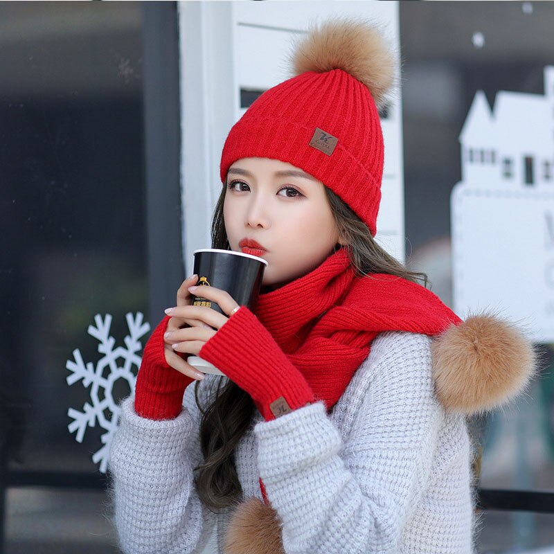 , conjunto de guantes de lana para invierno, bufanda, conjunto de guantes gruesos para mujer, gorro y bufanda suave, gorro para chicas, Gorro con pompón de bola: red
