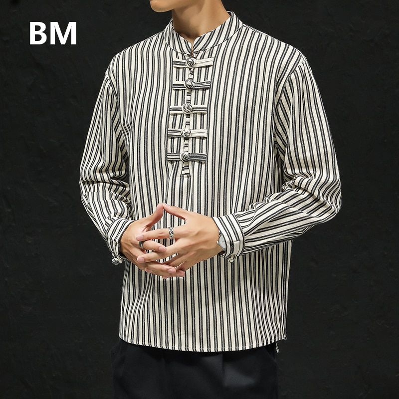 Chinese stijl overhemd met lange mouwen, gestreept overhemd, herenkleding, losse harajuku tops, retro hanfu kleding voor mannen