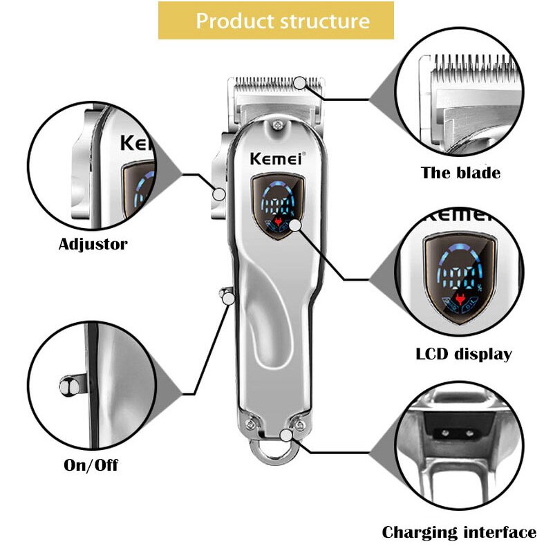 Kemei Kapper Tondeuse Professionele Tondeuse Snoerloze Haar Snijder Lcd Display Tondeuse Aanpassing Baard Trimmer