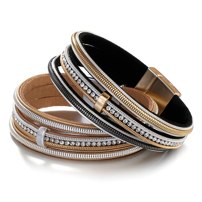Flashbuy Rhinstone Multilayer Leather Bracelets For Women Vintage Metal Charms Wrap Bracelets Charms Jewelry Femme Accessories