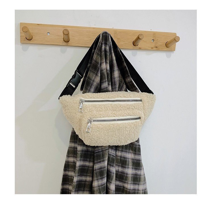 Dames heuptasje, zachte fleece heuptas, crossbody tas met verstelbare riem, dames wintertas stijl: Wit