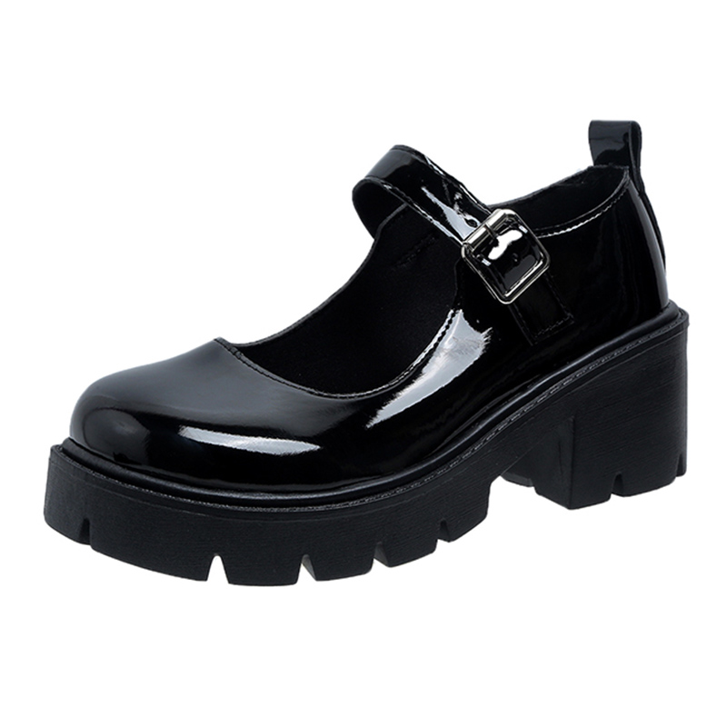 Décolleté con plateau con fibbia alla caviglia neri Scarpe Mary Jane in pelle verniciata stile giapponese da donna Scarpe Lolita con tacco spesso punk Mujer: Black / 36