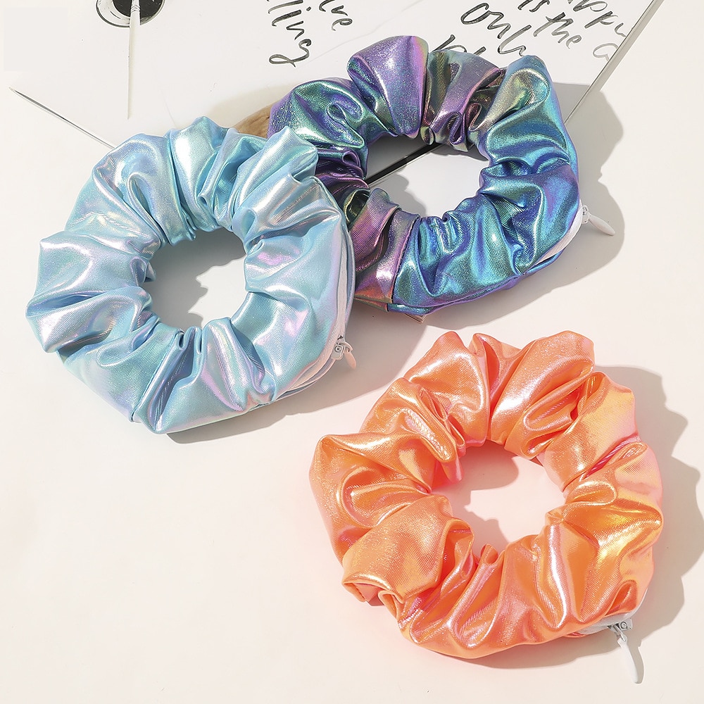 PU Scrunchies pack with zipper VSCO girl things shinny hair tie for women's hair accessories hair ornaments elastic rubber bands