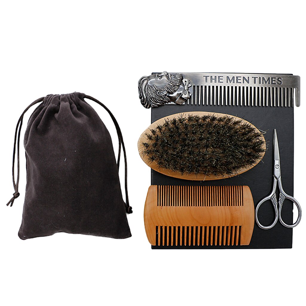 Peine de doble cara para piojos, cepillo de barba para hombres, paleta de madera con cerdas, cepillo de pelo, Tijera para cortar Barba, paquete de 4 unidades