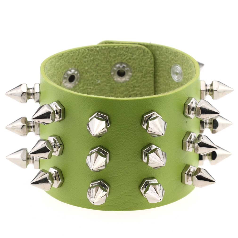 Boho Emo Spike bransoletka sztuczna skóra Punk bransoletki dla kobiet mężczyzn biżuteria Goth dziewczyna chłopiec mankiet Bangle Studded Halloween nadgarstek: P136 Green