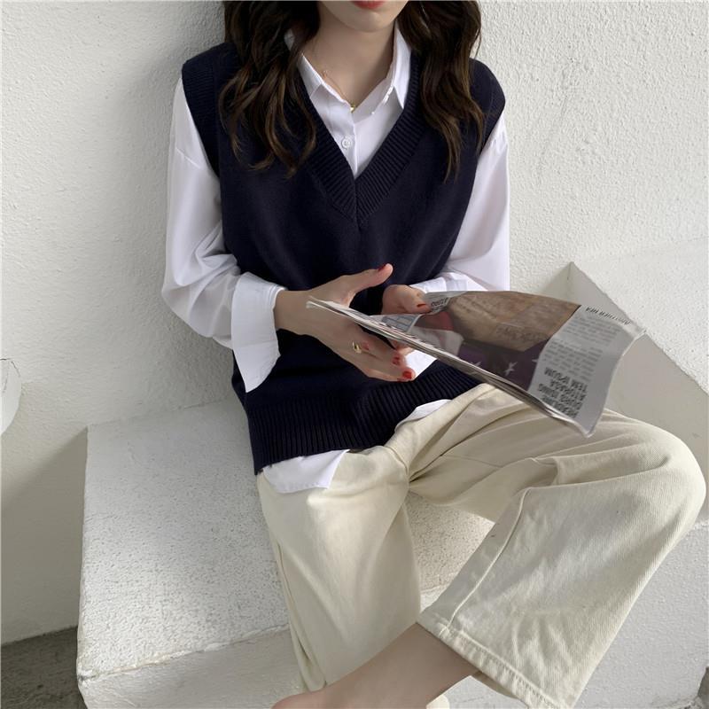 Sweater Vest Women V-neck Solid Simple Slim All-match Casual Korean Style Teens Chic Autumn Winter Sleeveless Sweaters