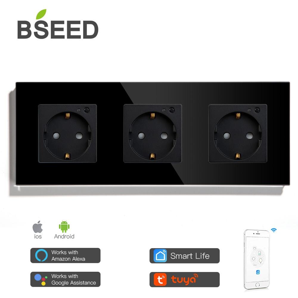 BSEED Single WIFI Power EU Sockets Double Smart Google Alexa Wall Sockets 16A Triple Glass Crystal App Sockets On/Off Switches: Triple Socket Black