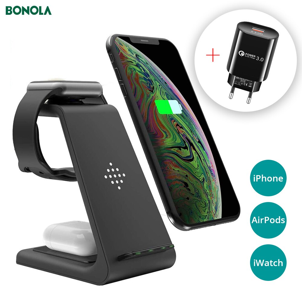 Estación de carga inalámbrica Qi 3 en 1 T3 para iPhone 11/XR/Xs/AirPods3/iWatch5, soporte de carga rápida inalámbrica para Samsung S10/Watch/Buds