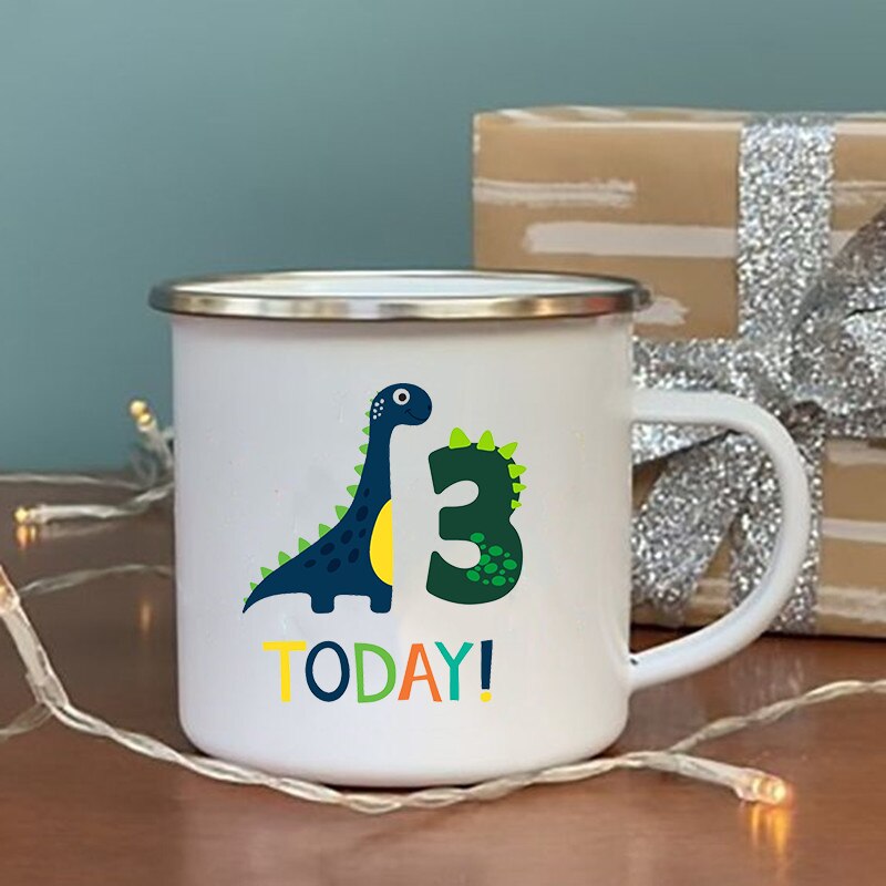 Dinosaurier Geburtstag Anzahl Drucken Becher Kreative Wasser Saft Tasse Trinken Nachtisch Milch Emaille Becher Griff Getränk freundlicher Geburtstag: XH1795-A015WH-8