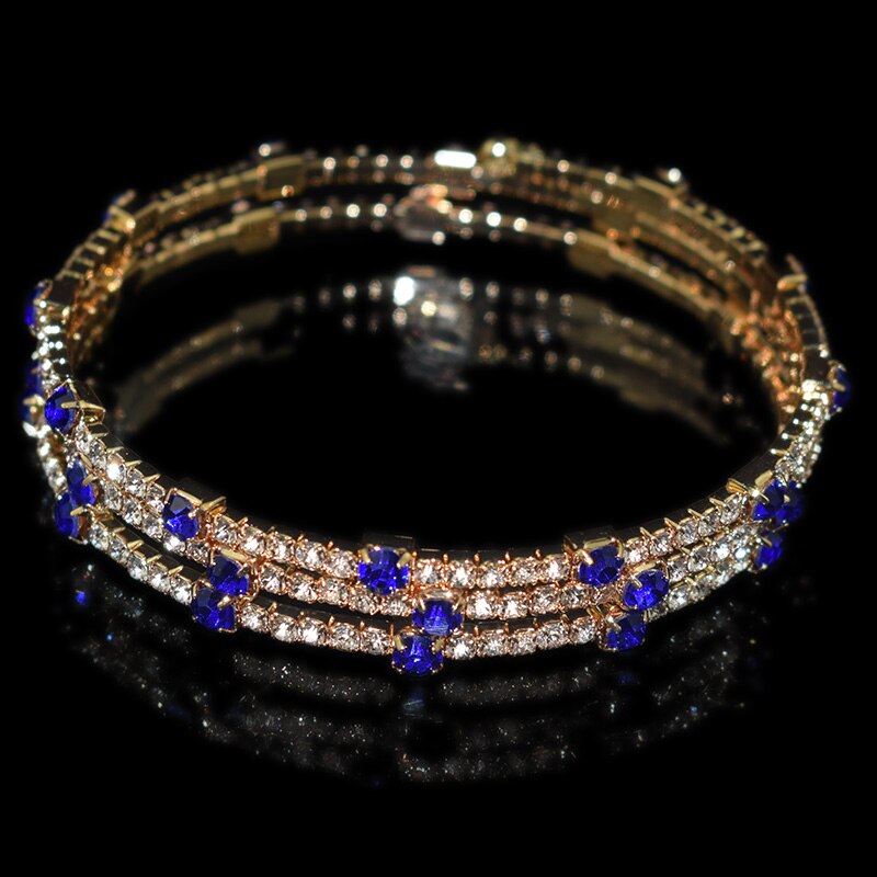 6-color Crystal Bracelet Blue, Red, White Three-row Stretch Bracelet Bride Wedding Rhinestone Bracelet Party Jewelry: gold-blue