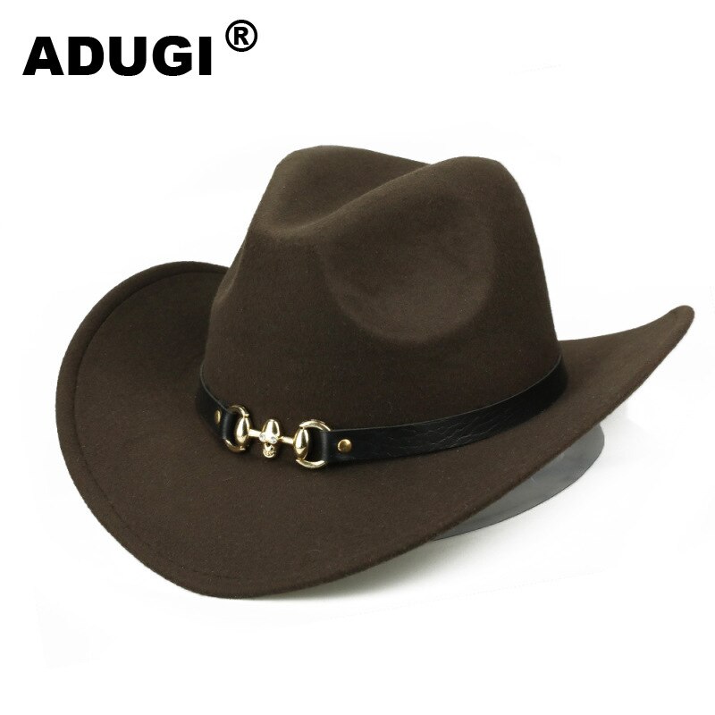 ADUGI woolen cowboy hat autumn and winter European and American jazz hat metal skull belt belt hat men and women felt hat: Brown