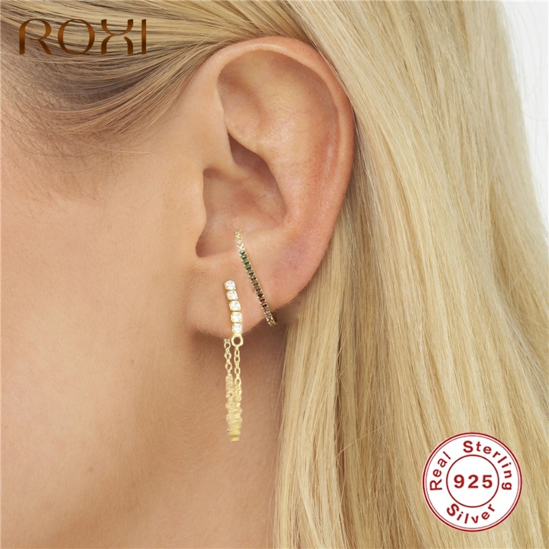 ROXI 100% pendientes de tuerca de Plata de Ley 925 simples geométricos para mujer, arcoíris CZ en forma de C, pendientes para damas, de joyería minimalista