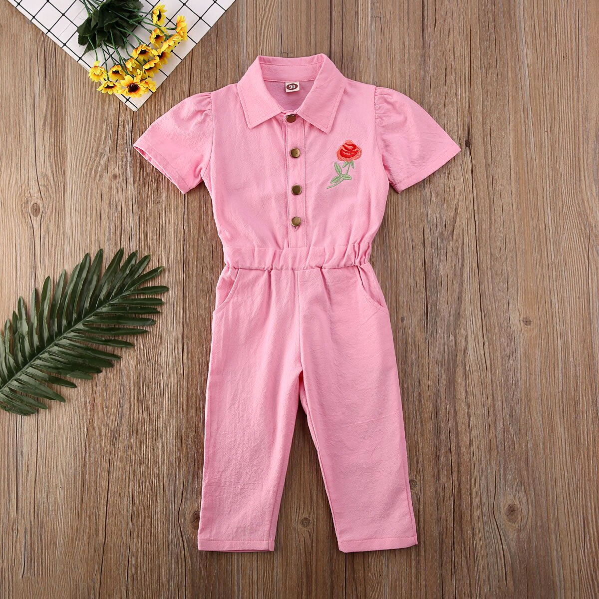 Kids Baby Meisje Romper Peuter Korte Mouw Overalls met borduurwerk Outfit Kleding: Roze / 5T