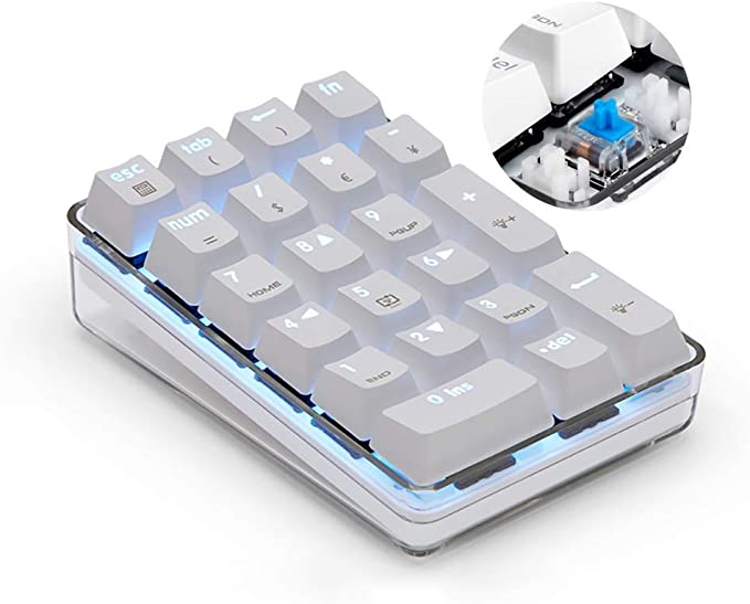 Digitalt tastatur nummertastatur mekanisk usb kablet numerisk tastatur med hvidt baggrundsbelyst 21- tastatur numpad til bærbar computer skrivebordstastatur: Blå kontakt