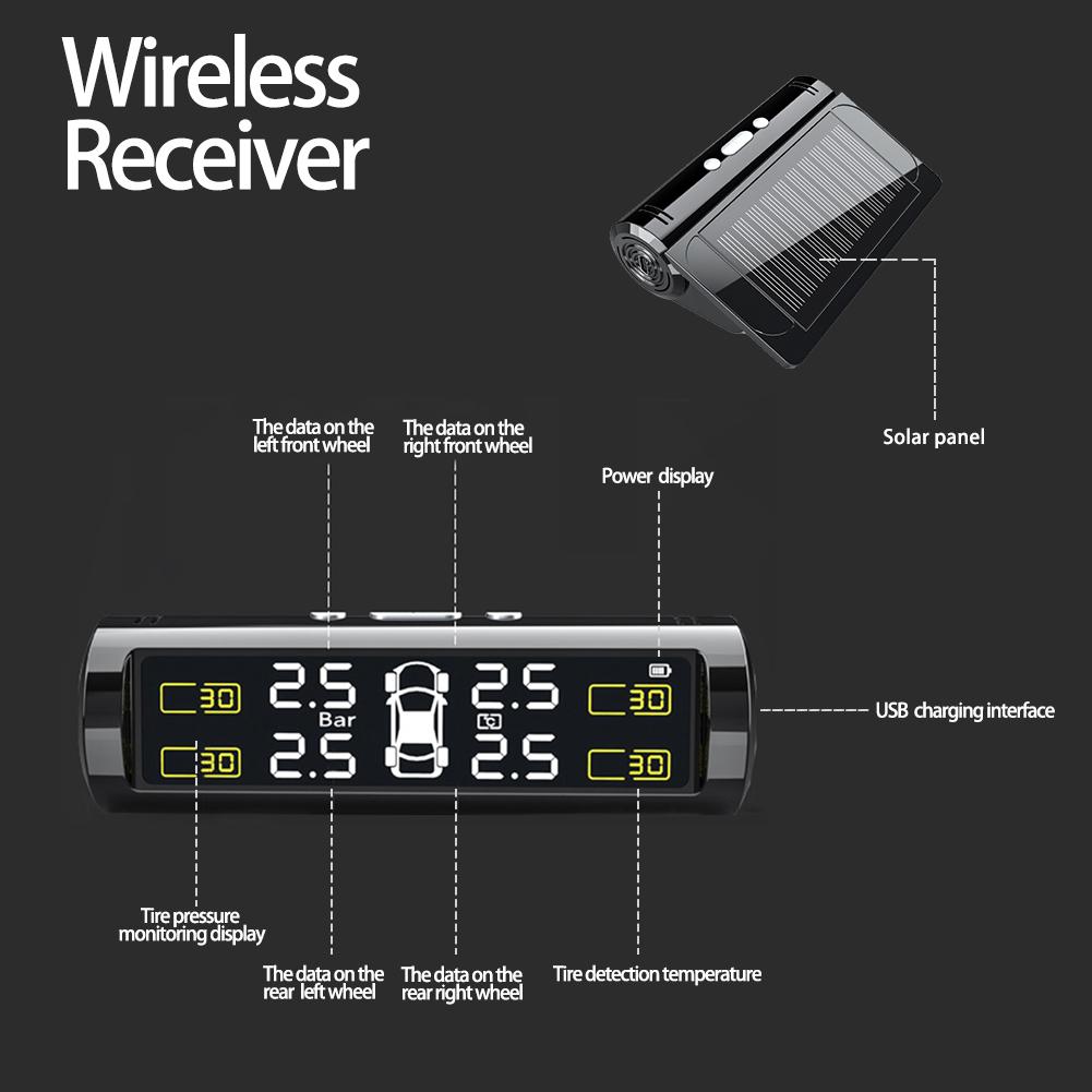 TPMS Automatic Brightness Control USB&Solar Charging Car Tire Wireless Pressure Monitor System Adjustable LCD 4 Tire Sensor
