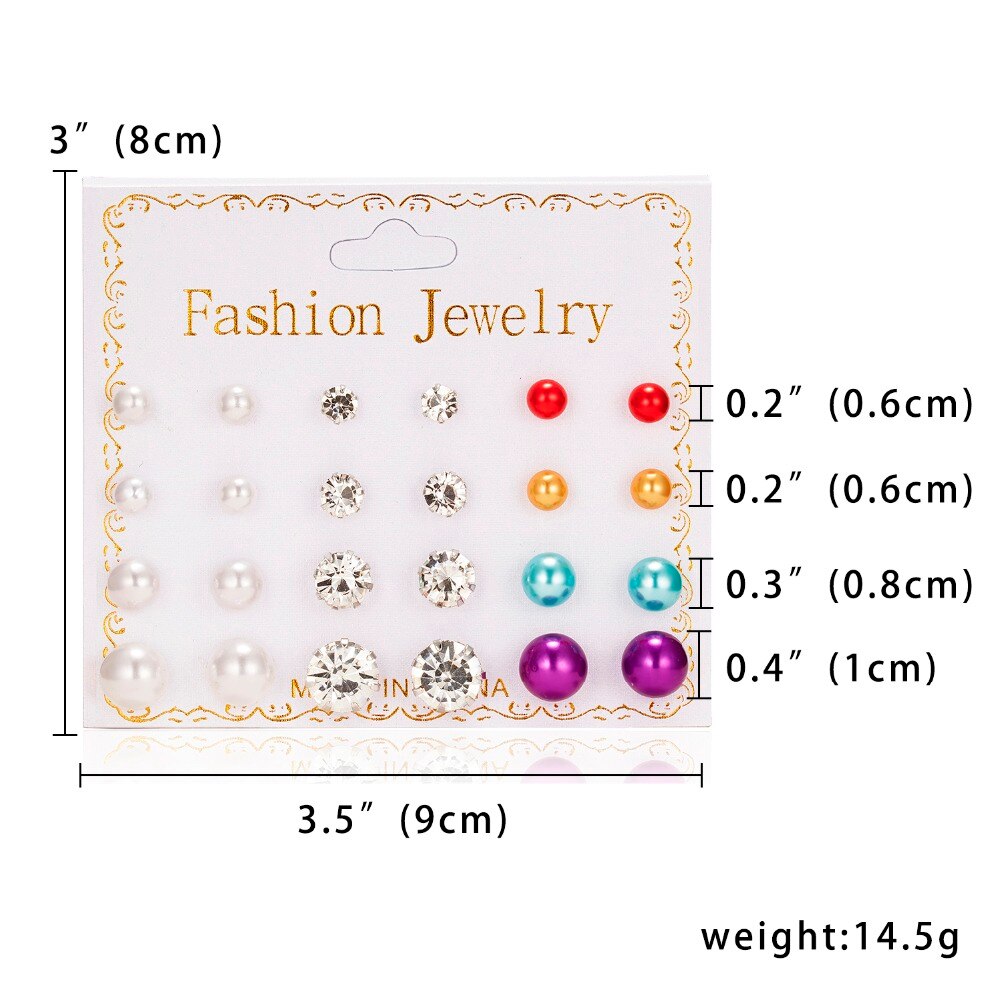 12 Pairs/set Classic Crystal Stud Earring Sets Women's Round Ball Metal Pearl Flower Earrings For Women Girl Mixed Jewelry