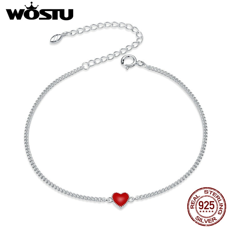 WOSTU Heart Bracelet 100% 925 Sterling Silver Red Love Heart Chain Bracelets for Women Romantic Fine Jewelry CQB182