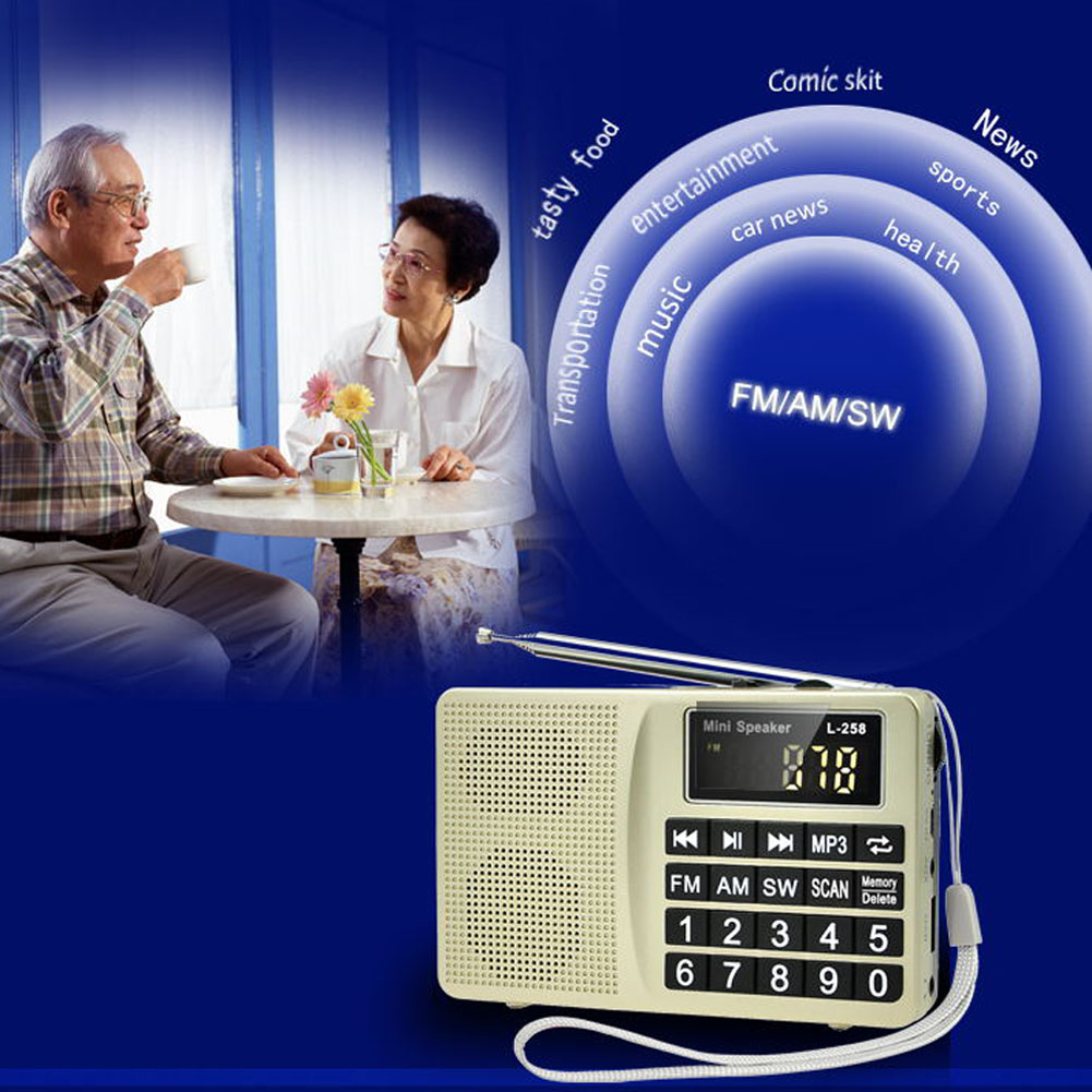 Bass Mini radio con pantalla digital SW FM portátil MP3 Insertar tarjeta gran botón fácil de operar altavoz multibanda de carga USB