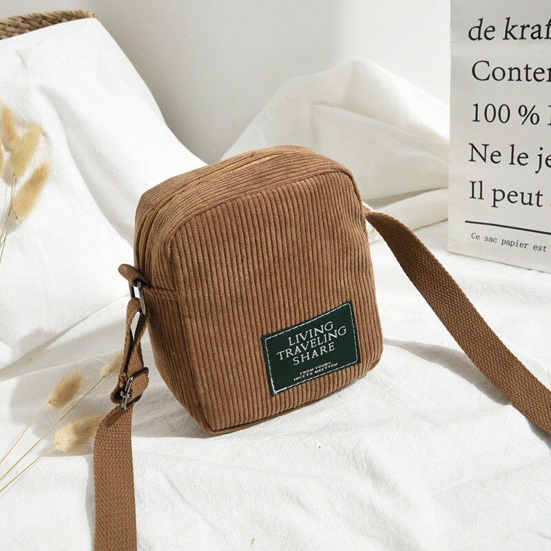 Sac à bandoulière solide en velours côtelé pour femmes, sac à main à épaule simple, fourre-tout mignon, sac messager, porte-monnaie pour filles, décontracté: Marron