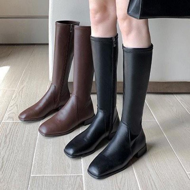 Ridstövlar knähöga stövlar damskor fyrkantig tå dragkedja långa stövlar dam höst vinter brun botas mujer