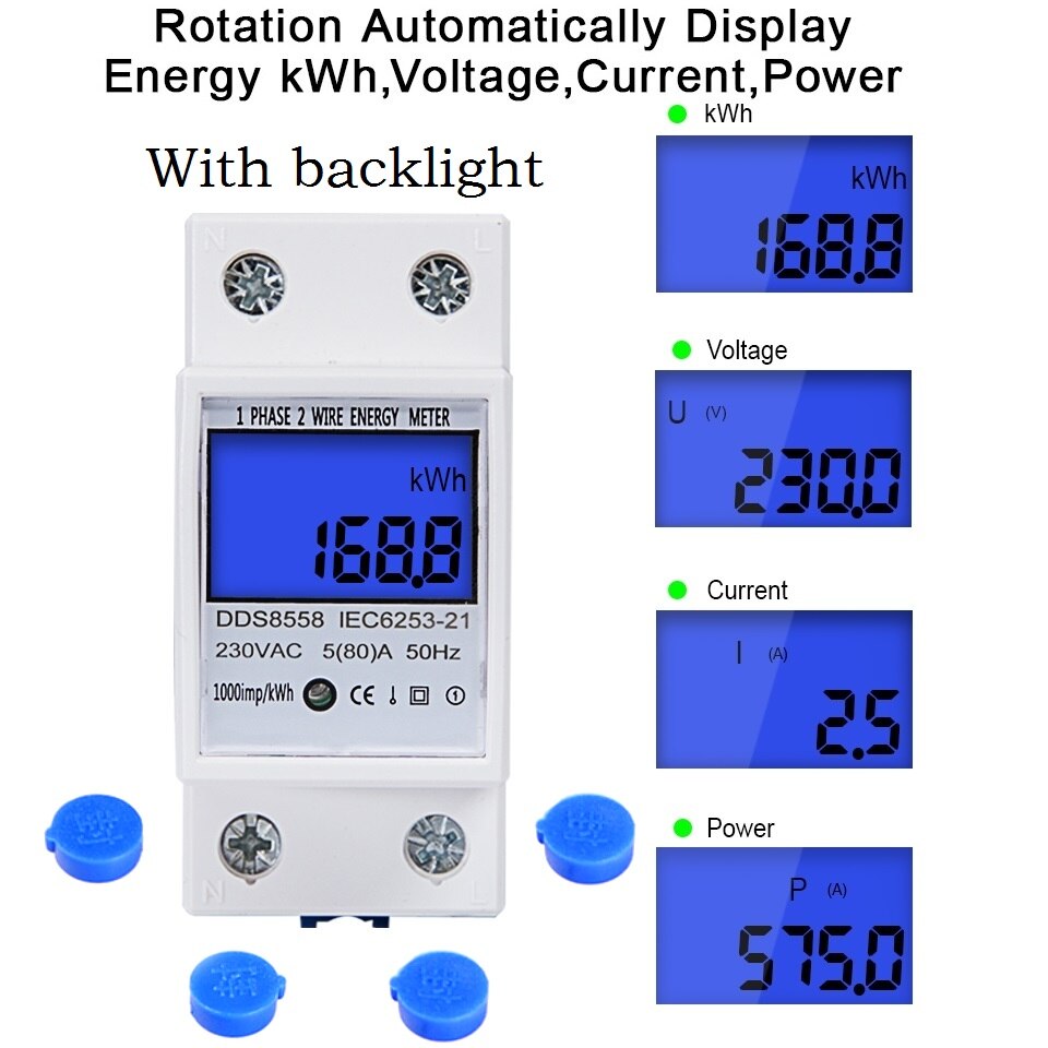 Single Phase Two Wire LCD Digital Display Din Rail kWh meter Power Consumption Energy Electric Meter kWh AC 230V 50Hz Electric: with blue backlight