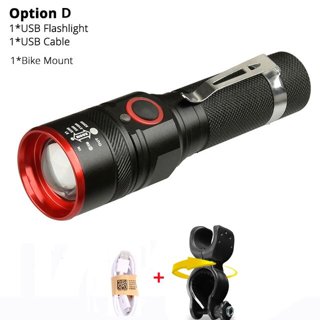 Sykkellys ultralys 8000 lumen zoom  t6 sykkel front led lommelykt lampe usb oppladbart sykkellys  by 18650 batteri: Alternativ d