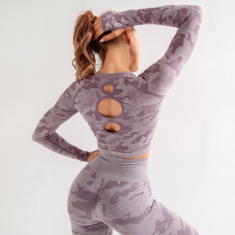 3 Kleur Yoga Shirts Camouflage Uitgeholde Ademend Snel Droog Sport T-shirt Vrouw Fitness Met Lange Mouwen workout Top: Paars / S