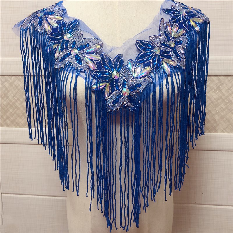 veel kleur enkelzijdig bruiloft geborduurde kralen kraag met kralen kwasten applicaties hals met fringe: B Royal blue